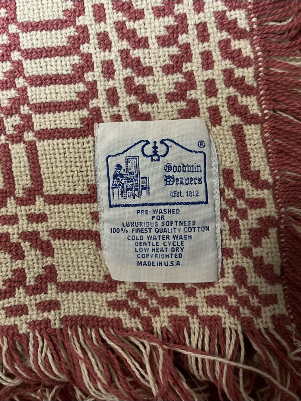 Vintage Handwoven mauve and Cream Fringed Throw Blanket - Goodwin weavers - Picture 2 of 5